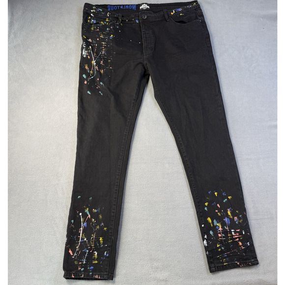 World Tour Premiere Jeans Men 40x32 Black Painted Sraight Leg World Tour Stretch